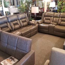 Brand New Soft Gray Gel Leather Manual Reclining Sofa + Loveseat With Cup Holders 2PCs Set