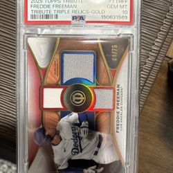 Freddie Freeman Tribute Triple Relic Gold PSA10 Numbered 64/75