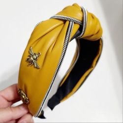 Yellow Mustard faux leather Women's Headband Knot Bee Large Hairband Hair Band Gift