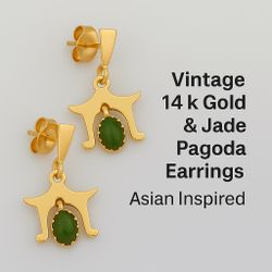 14k Gold Jade Earrings Vintage Pagoda Asian Inspired