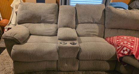Gray Fabric Reclining Loveseat with Console