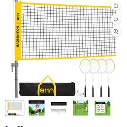 New A11N Outdoor Badminton Set - Includes Anti-Sag Net, 4 Rackets, 2 Shuttlecocks, and Carrying Bag - for Backyard, Beach, and Park