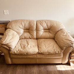 Two Beige Leather Sofas 