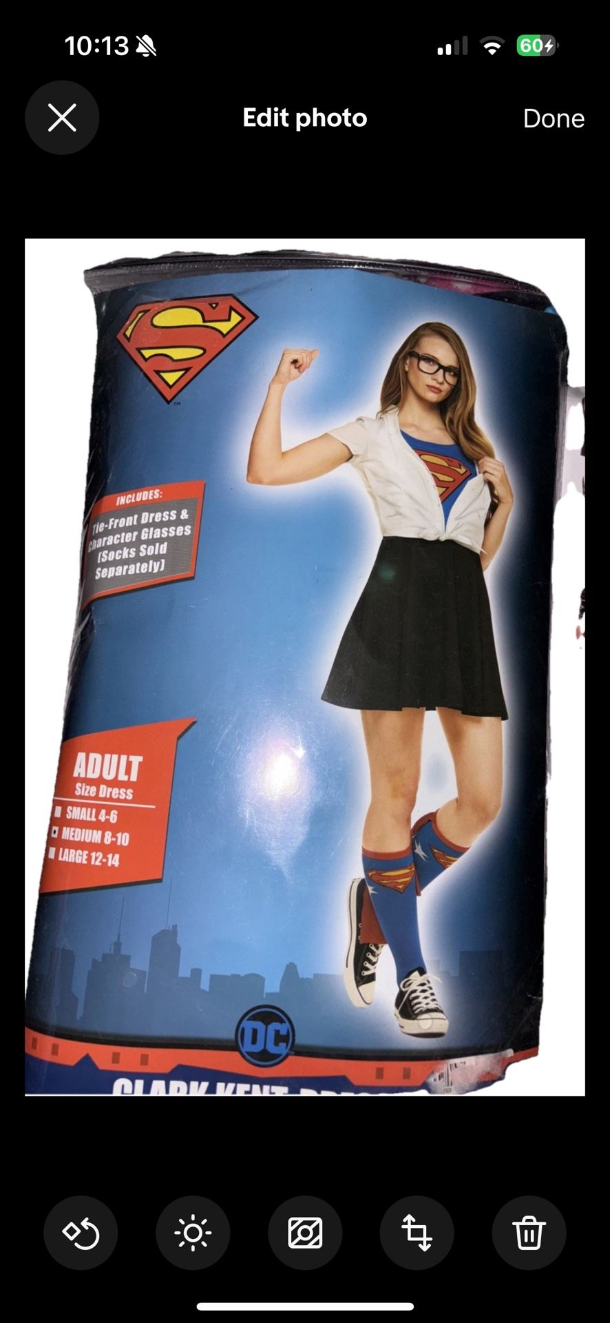 Clark Kent Dress Women’s Adult medium (8-10) Dress, Glasses, Halloween Costume, made China, brand DC, 2 piece set, dress, glasses, new seal bag. Blue/
