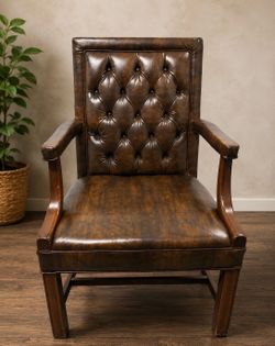 Tufted Brown Leather Executive Accent Chair – Solid Wood Arms