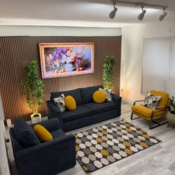 Blue Sofa & Loveseat Set + Mustard Accent Chair & Rug