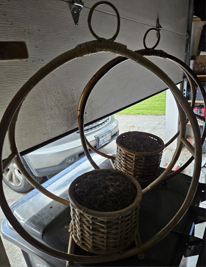 Large vintage rattan hanging planter