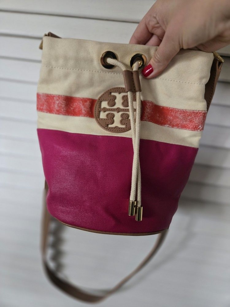 TORY BURCH bucket bag canvas / Leather Fuchsia Pink Orange Beige Crossbody Bag