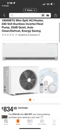 18000BTU Mini Split AC/Heater, 230-Volt Ductless Inverter/Heat Pump, 25dB Quiet, Auto Clean/Defrost, Energy Saving