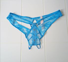 New Victoria Secret Panties thong crotchless lace grommets blue