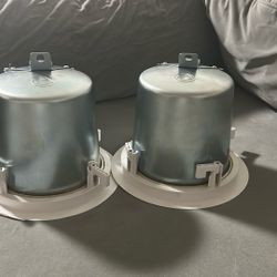 2 Atlas Sound FAP42T white speakers & 1 RCA Home Theater System receiver