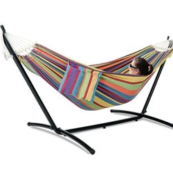 Double Hammock with Stand for Outside, Upgraded Spreader Bar, Heavy Duty Space Saving Steel Stand 2 Person, Side Pockets, Easy Assembly, 600lbs Weight