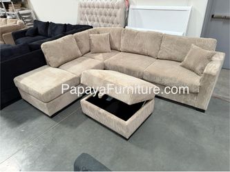 105”L Reversible chaise couch. New! Camel Plush Sectional And Storage Ottoman, Sectional Couch, Sofa, Reversible Sectional, Couch, Brown Sectional, Re