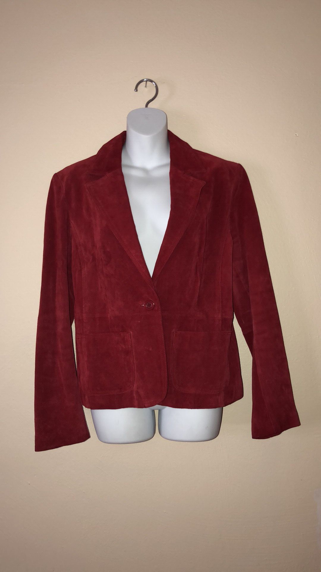 Size 14 red suede jacket with pockets in excellent condition