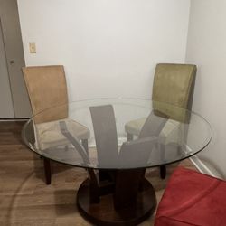 Round Glass Dining Table — Solid Wood Base, Thick Durable Glass + 3 Chairs FREE — $100