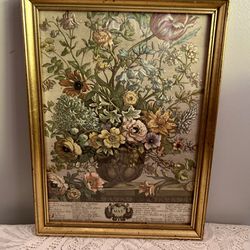 Vintage Floral Print In Gold Tone Frame