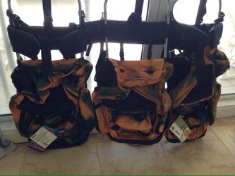 set of 3: tall backpacker with frame, hip belt, sternum strap, durable, water repellent, lots of pockets..new with tags