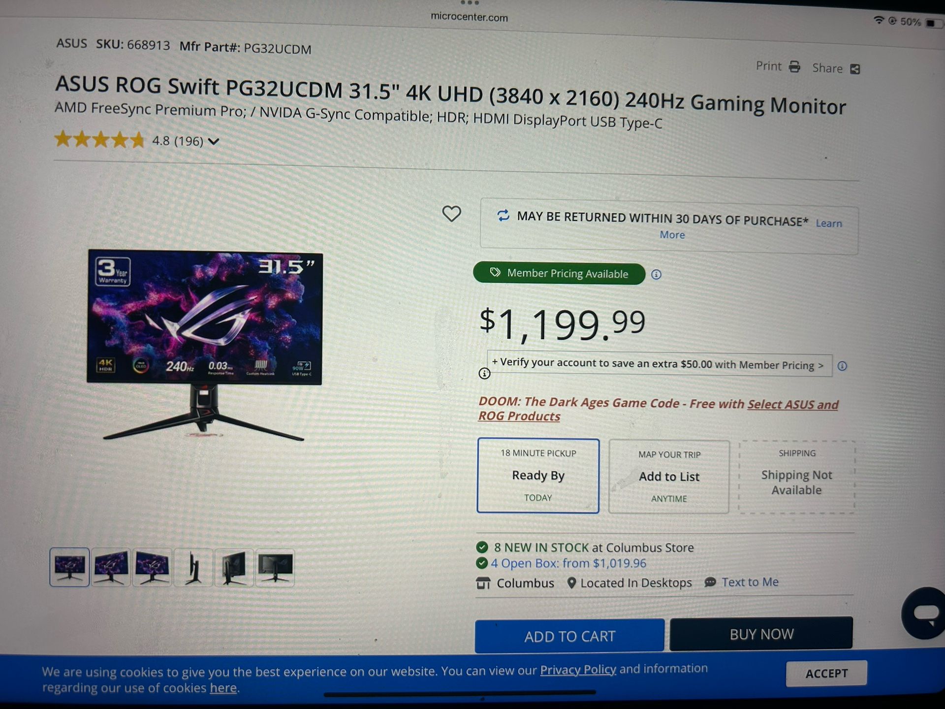 Asus Rog Swift 31.5 Inch 4k 240h Gaming Monitor