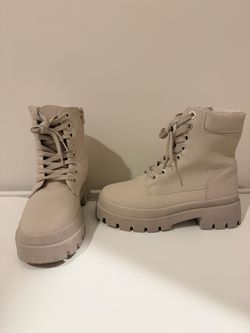 Beige Lace-Up Platform Combat Boots