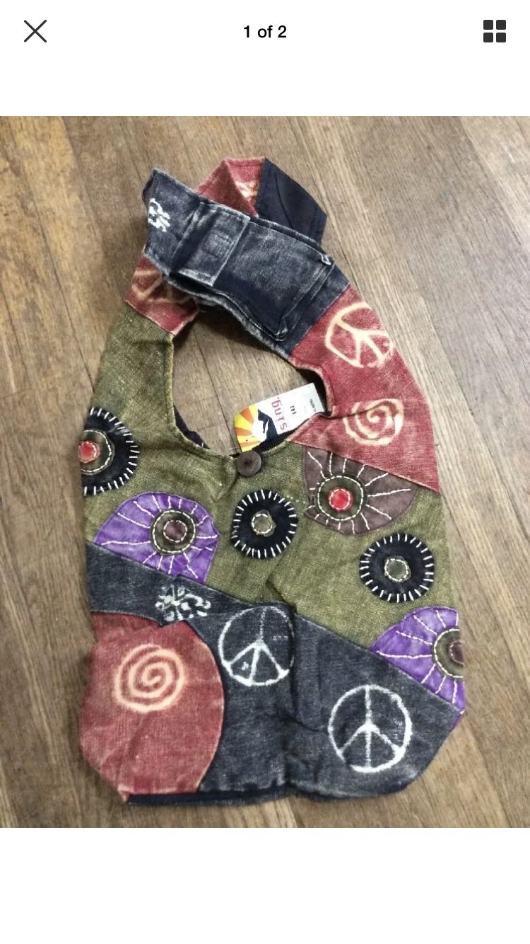 Nepal Patchwork Peace Sign HOBO PURSE tote bag sack handbag hippie Wide Strap