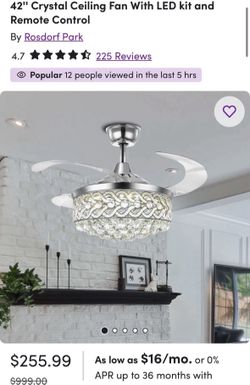 42" Ceiling Fan With Romote Control, Led Light Kit & Crystal Accents
