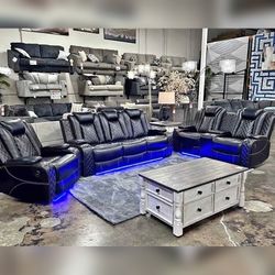 3 Pieces Black Breathable Leather Recliner Sofa Set