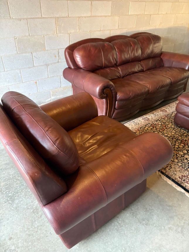 Real Leather Dark Brown Sofa Chair  & Ottoman