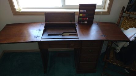 Vintage Wooden Sewing Machine Cabinet With Folding Worktable