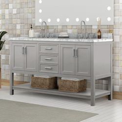61" Vanity with Top/ Sink Gray White Marble Top Bathroom Cabinet