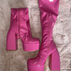 Pink Knee-High Platform Chunky Boots PU Leather