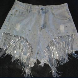 Denim Shorts With Silver Fringe XL