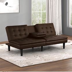 Futon Sofa Bed Brown Faux leather, Drop Down Table W Cupholders. New Especial Price 