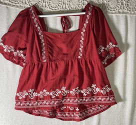 Flutter Sleeve Embroidered Peasant Swing Blouse Top Red small