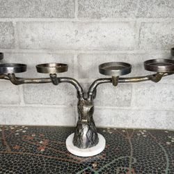 Stag Deer Head Candelabra, 6 Tealight Holders, Metal w/ Marble Base 
