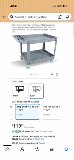 2 Tier Rolling Utility Cart on Wheels, 1000 lbs Capacity Plastic Service Cart with Lipped Shelves, 46 x 26-Inch Heavy Duty