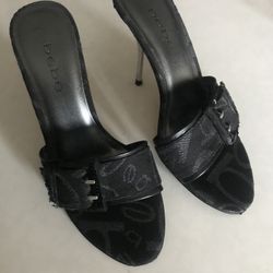 Bebe black silver open toe size 7 Signature Stiletto Heel PUMPS SANDALS slip on