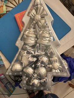 Silver Christmas Ornament Set in Tree Tray