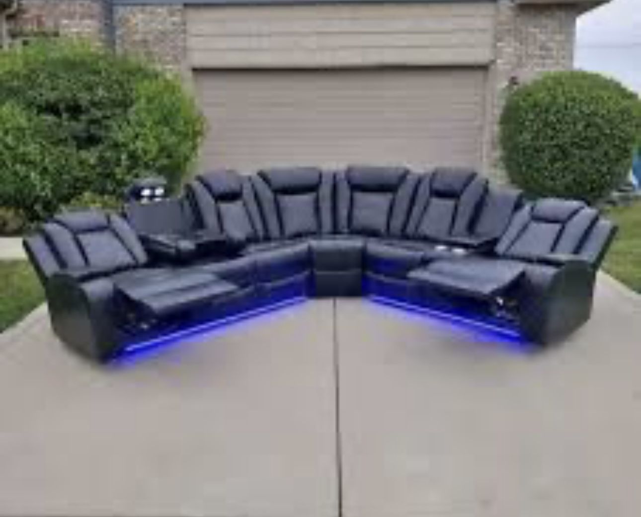 Power Electric Black Leather Fully Reclining Sectional Couch