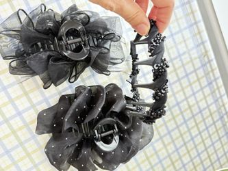 Black Floral Hair Claw Clips and Beaded Headband Set