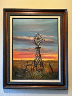 Vintage Original Windmill Landscape Painting – Signed Marilyn Frasier 1986
