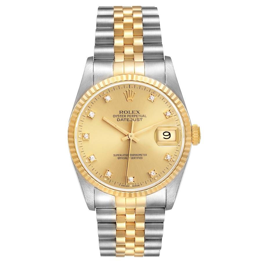 Men's Rolex 36mm DateJust Two Tone 18K Gold / Stainless Steel Watch with Champaigne Diamond Dial and Fluted Bezel. (Pre Owned 16233)
