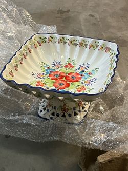 Vintage Portuguese Hand-Painted Ceramic Pedestal Bowl