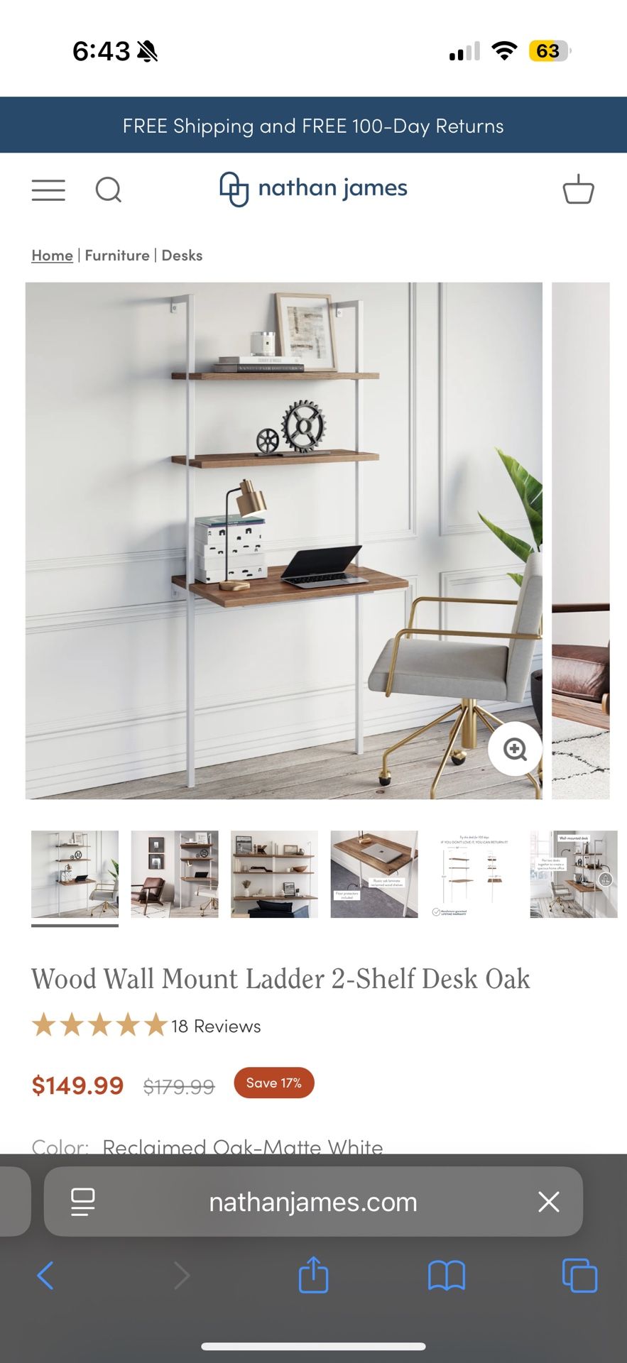 Nathan James Wood Wall Mount Ladder 2-Shelf Desk