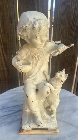 Antique Young Girl Cat Statue by Listed French Artist Charles Pilet