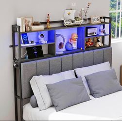 Full Size Upholstered Headboard with 3-Tier Storage Shelves LED Light & USB Type-C (54.8" Tall Only)