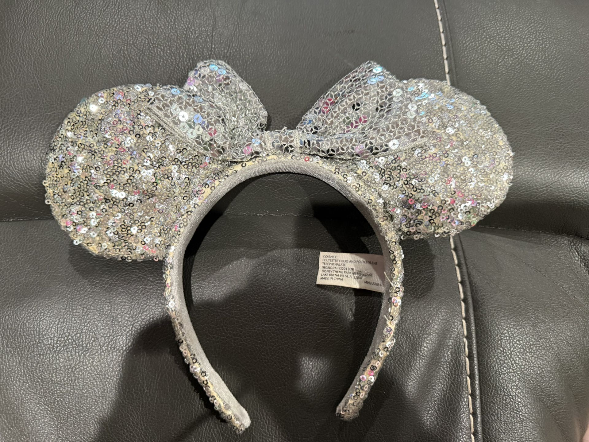Disneyland Disney Parks Mickey Mouse Minnie Mouse Ears Headband Silver Sequin with Silver Sequin Bow