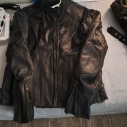 X Element leather motorcycle jacket.  Size 5X.  And X Element leather chaps.  Size 42
