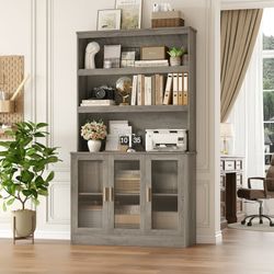 73" Tall Bookcase with Door, 5-tier Bookshelf with Counter Top, Printer Stand for Home Office Living Room, Wash Gray