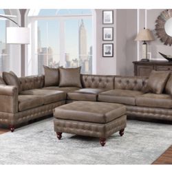 Brown Faux Leather Sectional Sofa With Ottoman 