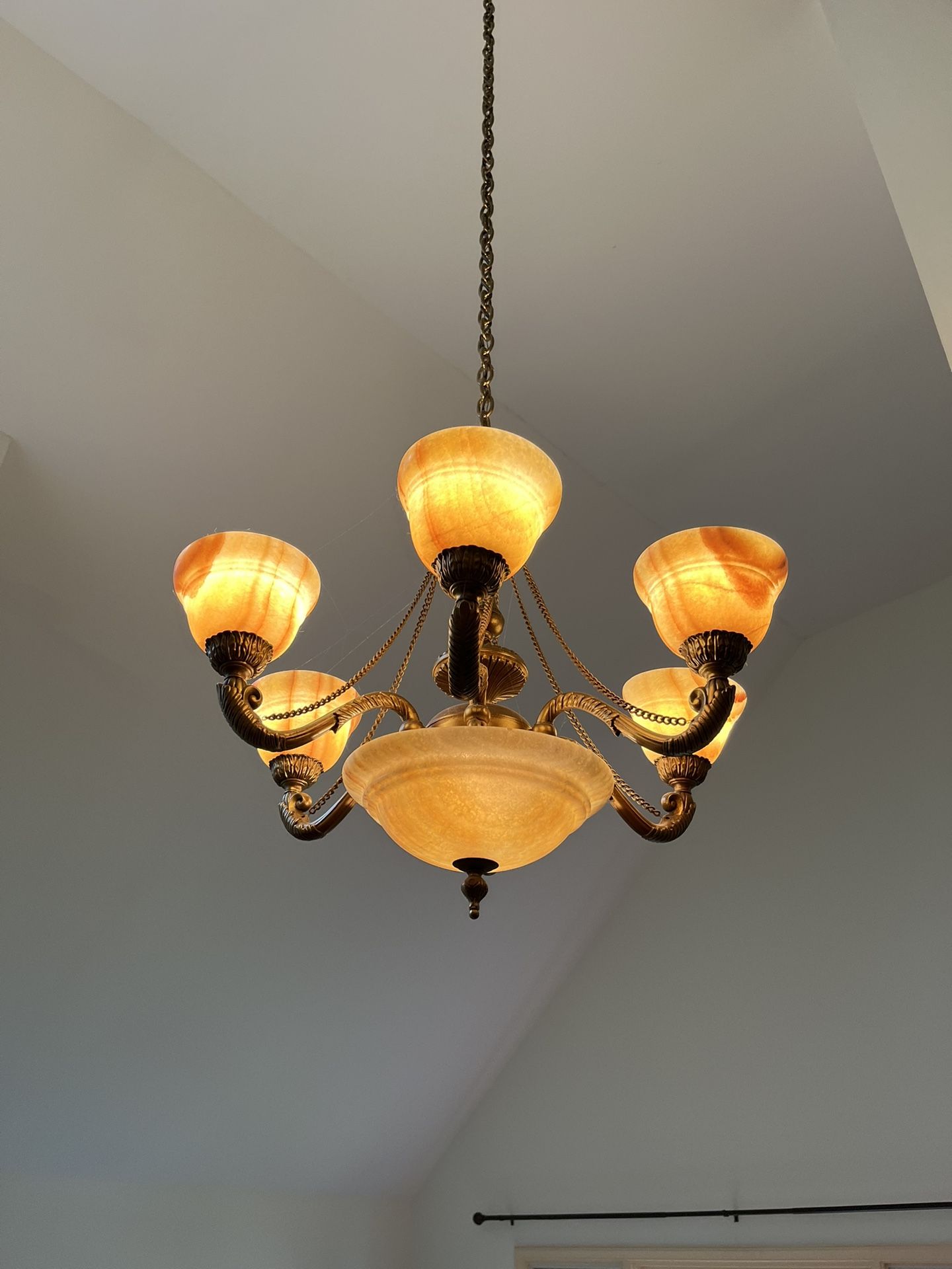 Antique Rose Marbled Glass And Bronze Brass Chandelier